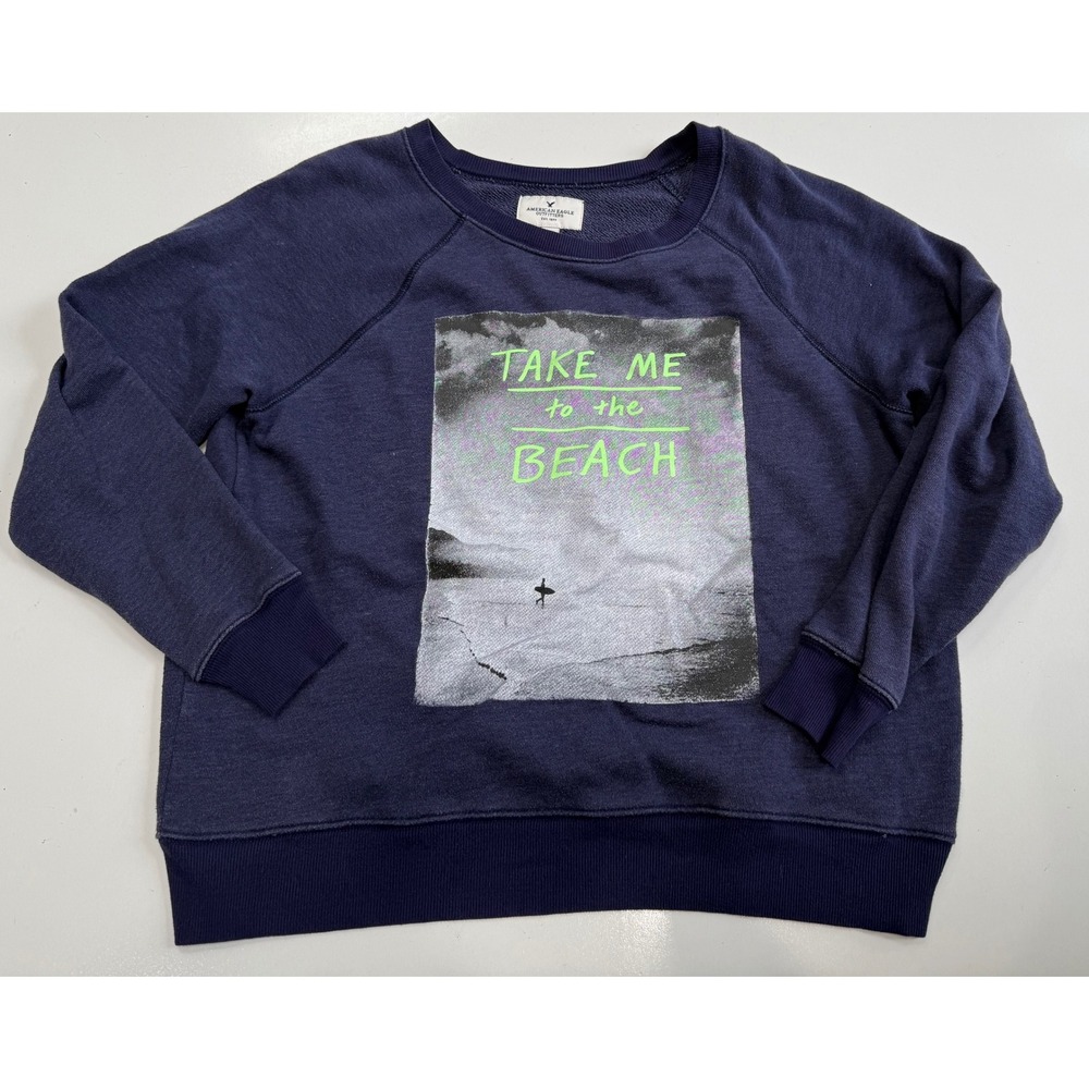 American Eagle Navy Blue Take Me To The Beach Graphic Sweatshirt Large
